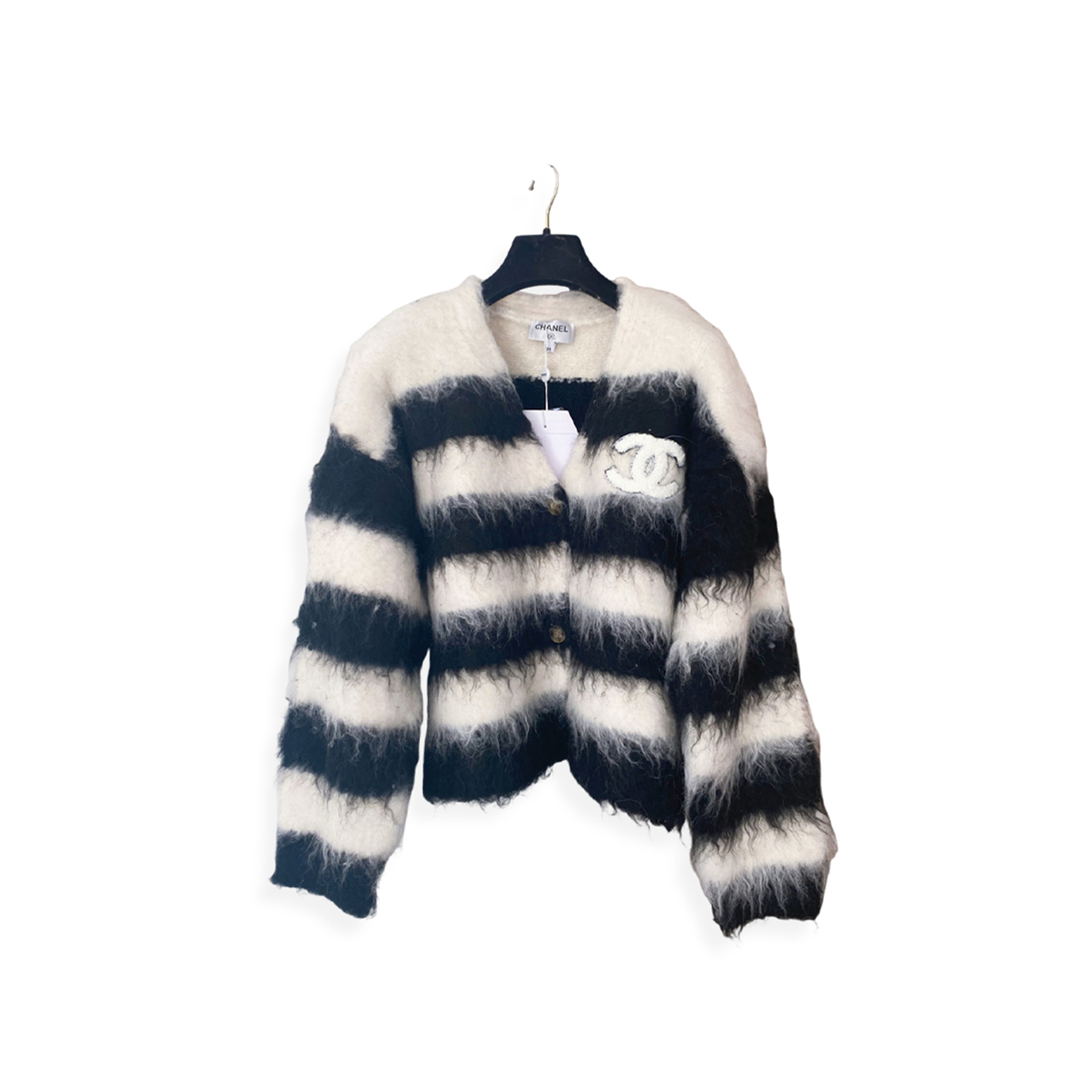 CHANEL MOHAIR V-NECK COLOR-BLOCKED STRIPED LONG-SLEEVED CARDIGAN 